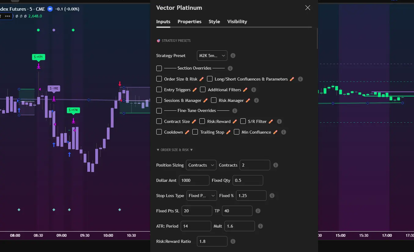 Vector Platinum comprehensive settings panel